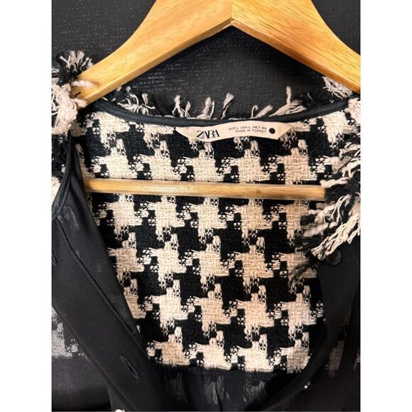 Zara sheer black and white houndstooth tweed pocket blouse sz L - Picture 6 of 6